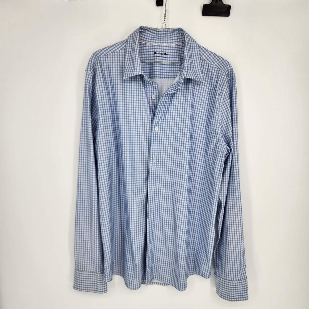 Hawker Rye Mens Large Blue White Gingham Stretch Long Sleeve Button Down Shirt